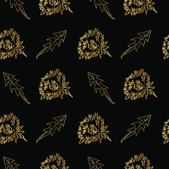 Seamless vector pattern with gold garden flowers on black isolated background.Repeating print with hand drawn botanical ornaments in doodle style.Design for textiles,wrapping paper,fabric,packaging.