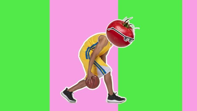 Digitally generated. 4K Minimal animation motion design. Tomato head on basketball player with ball. Pop mood. Man in stop motion, 2D, modern, conceptual, contemporary pop art collage. Sport concept