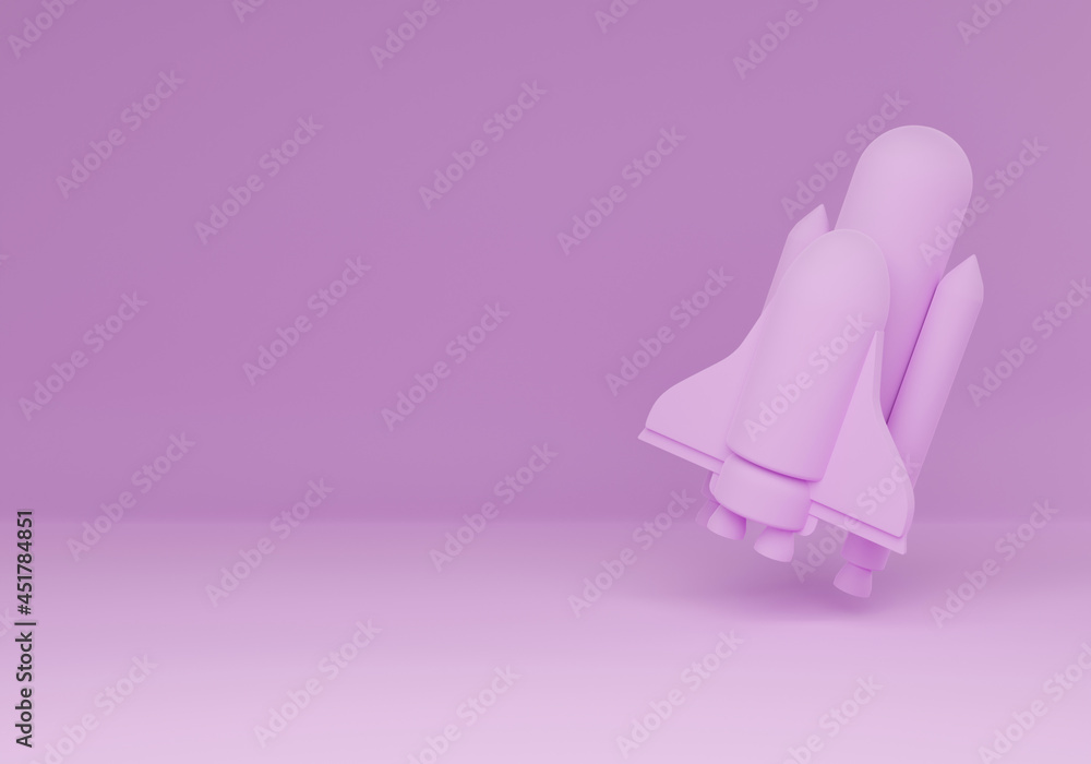 Poster 3d rendering rocket or spacecraft isolated on pink with empty space