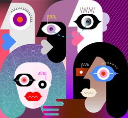 Zelfklevend Fotobehang Moderne kunst vectorillustratie van vijf verschillende mensen gezichten. ©  danjazzia