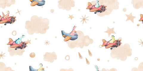 seamless pattern with sky and dinos, clouds, dots, stars made of gold, cute childish illustration