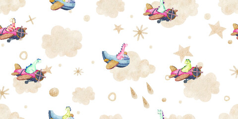 seamless pattern with sky and dinos, clouds, dots, stars made of gold, cute childish illustration © Ilona