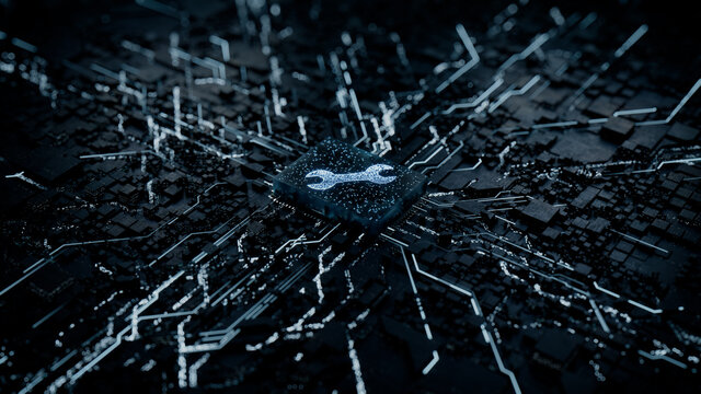 Configure Technology Concept with tool symbol on a Microchip. Data flows from the CPU across a Futuristic Motherboard. 3D render.