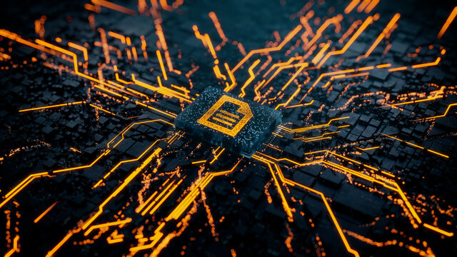 Word document Technology Concept with document symbol on a Microchip. Data flows from the CPU across a Futuristic Motherboard. 3D render.