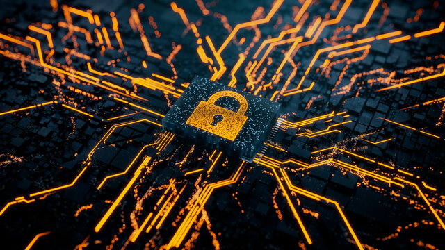 Security Technology Concept with lock symbol on a Microchip. Data flows from the CPU across a Futuristic Motherboard. 3D render.