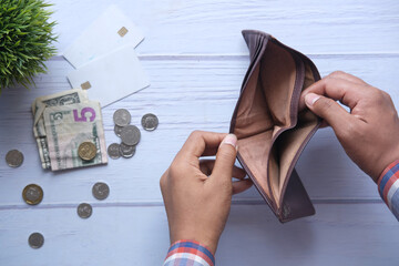 Man hand open an empty wallet with copy space.