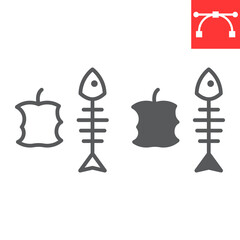 Organic waste line and glyph icon, apple core and fish skeleton, food waste vector icon, vector graphics, editable stroke outline sign, eps 10