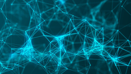 Digital technology background. Abstract dynamic wave of connected dots and lines on dark background. Wave of bright particles. Big data. 3d rendering.