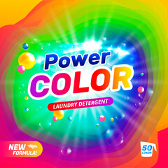 Package design washing powder for colored laundry. Colored clothes cleaner. Vector 