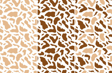 Set of seamless patterns in abstract style. Brown, beige spots on a light background for design. Vector illustration