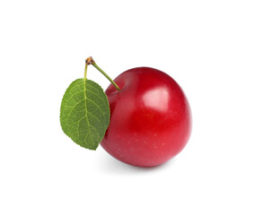 Delicious ripe cherry plum with leaf isolated on white
