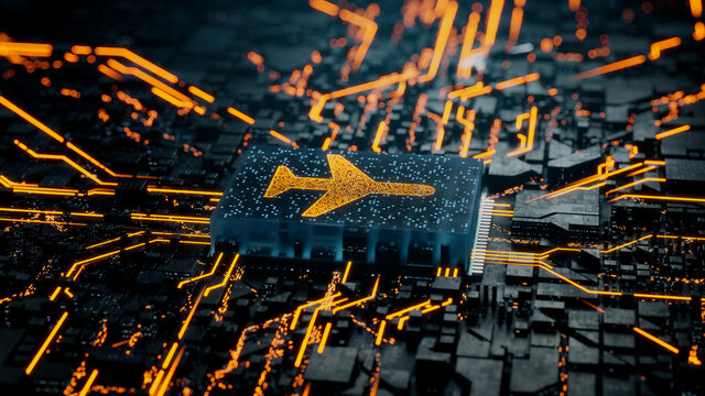 Flight Technology Concept with airplane symbol on a Microchip. Data flows from the CPU across a Futuristic Motherboard. 3D render.