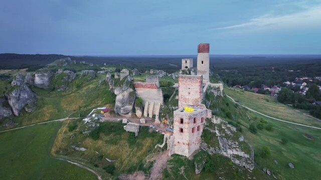 Aerial view of 14-century Olsztyn castle in Poland
