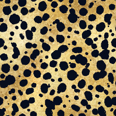Vector cheetah skin gold seamless pattern. Abstract wild animal hand drawn leopard black spots on golden metallic foil texture background for fashion print, fabric, cover, wrapping paper, wallpaper