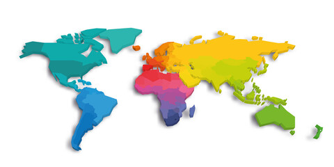 Colorful World Map in colors of rainbow spectrum. Each sovereign country in different color. 3D vector map with country name labels.