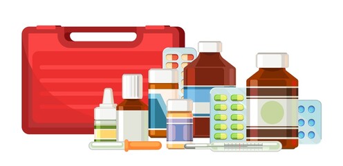 Medicines. Still life with bottles, tablets, capsules. Medicinal drugs. Pharmaceuticals. First aid box. Pharmacy. Isolated on white background. Illustration flat design. Vector..Ointment.
