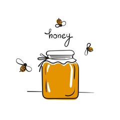 Jar with honey cartoon illustration. Vector sketch.