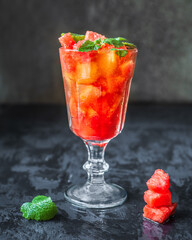 Cool summer dessert with sparkling water, watermelon and mint in a tall glass goblet