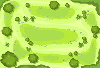 Hilly lawn in the forest. Hills. View from above. Countryside rural landscape. Green foliage of trees and shrubs. Top view. Background illustration in cartoon style. Vector.