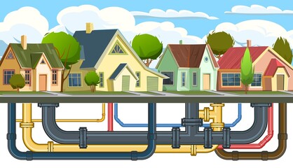 Pipeline for various purposes. Pipes of different color calibration. Underground part of system. Cartoon street Illustration vector