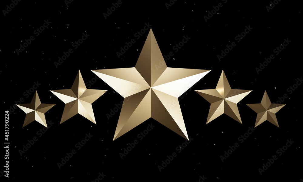 Poster gold five star on dark background for excellent rate of customer evaluation by 3d render.