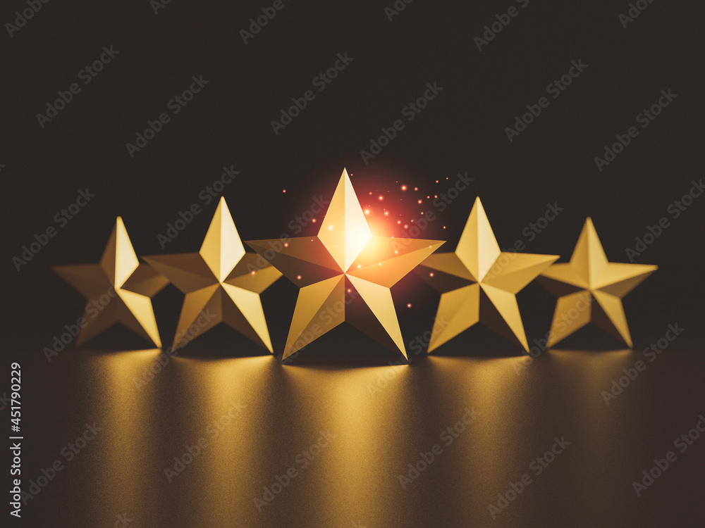 Poster gold five star on dark background for excellent rate of customer evaluation by 3d render.