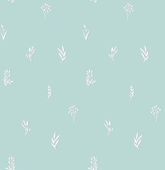 Seamless floral botanical pattern with white wildflowers plants twigs on baby blue background. Print for textile cards wallpaper stationery