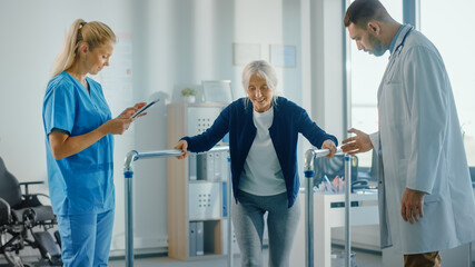 Hospital Physical Therapy: Portrait of Strong Senior Female Patient with Injury Successfully Walks...