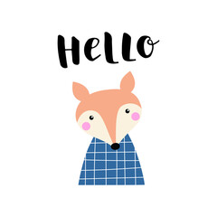 Vector card with cute fox and text Hello. For baby.
