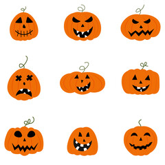 A set of orange pumpkins with different black faces on a white background. Cartoon illustration of pumpkins on Halloween