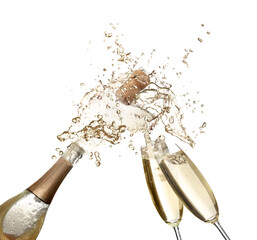 Sparkling wine splashing out of bottle and glasses on white background © New Africa