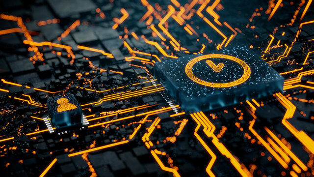 Time Technology Concept with clock symbol on a Microchip. Orange Neon Data flows between the CPU and the User across a Futuristic Motherboard. 3D render.