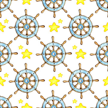 Watercolor painting pattern of vintage wooden ship steering wheel and stars. Sea voyage, sailing. Wheel with handles, schooner control. Isolated over white background.
