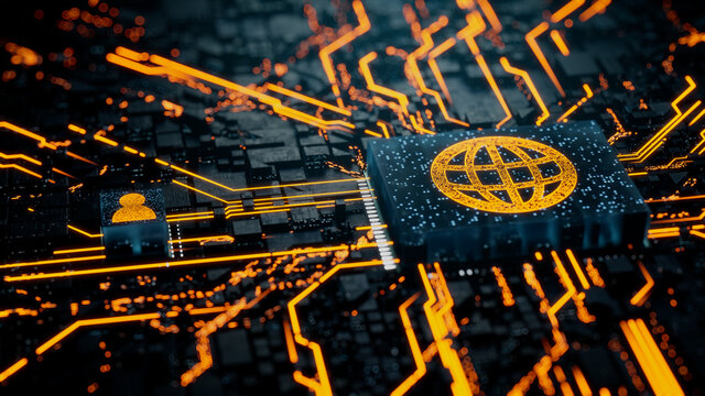 Internet Technology Concept with web symbol on a Microchip. Orange Neon Data flows between the CPU and the User across a Futuristic Motherboard. 3D render.