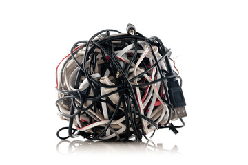 Jumbled pile of wires and cables for smartphone isolated on white background