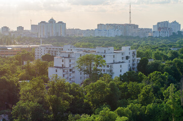 Odessa, Ukraine evening city view landscape with trees, buildings and beautiful sunlight 