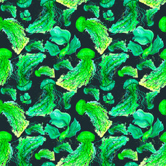 Watercolor seamless patterns of sea jellyfish on a colored background.Pattern seamless jellyfishes Space colorful repeat texture wallpaper illustration .Watercolor concept on an isolated background.