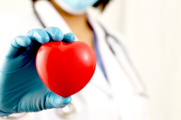 young female doctor holding a red heart standing on a white background