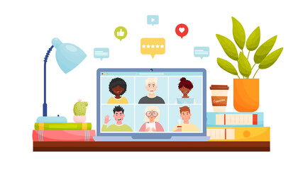 Online video chat conference meeting with diverse group of people. Home office workplace concept with notifications bubbles. Vector illustration.