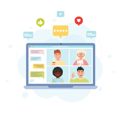 Online video chat conference concept. Online meeting with diverse group of people. With notifications bubbles. Vector illustration.