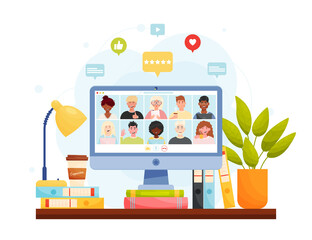 Obraz premium Online video chat conference meeting with diverse group of people. Home office workplace concept. Vector illustration.
