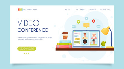 Landing page concept. Online video chat conference meeting with group of people. Home office workplace. Vector illustration.