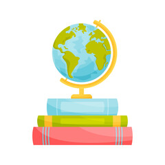 Globe on pile of books. education concept. Vector illustration.