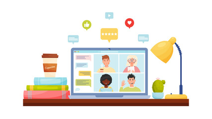 Online video chat conference meeting with diverse group of people. Home office workplace concept with notifications bubbles. Vector illustration.