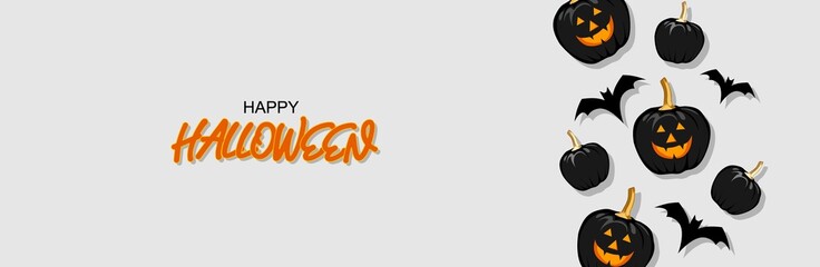 Happy Halloween banner or party invitation background with pumpkins and bats. Vector illustration. Place for text