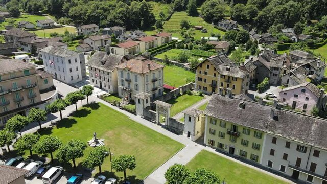 Aerial view at the village of Cevio on Maggia valley in the Swiss Alps

