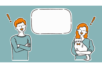 猫を抱えて納得する男性と女性（シンプル）