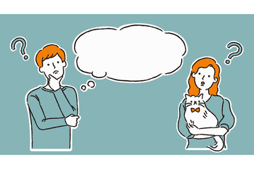 猫を抱えて疑問を持つ男性と女性（シンプル）