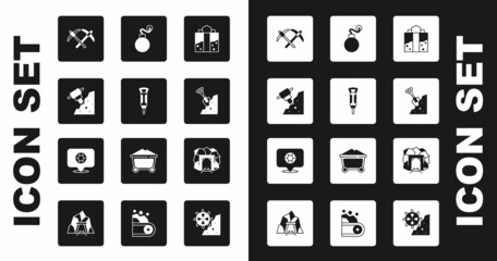 Set Mine entrance, Construction jackhammer, Pickaxe, Shovel and stone, Bomb, and Gem icon. Vector