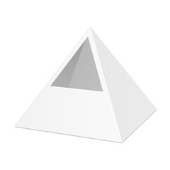 White Cardboard Pyramid Triangle Box Packaging With Window For Food, Gift Or Other Products. Illustration Isolated On White Background. Mock Up Template. Product Packing Vector EPS10